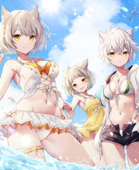 3girls animal_ears cat_ears cat_girl grandmother_and_granddaughter highres mio_(xenoblade) mother_and_daughter multiple_girls na&#039;el_(xenoblade) nia_(fancy_sundress)_(xenoblade) nia_(xenoblade) ui_frara xenoblade_chronicles_(series) xenoblade_chronicles_2 xenoblade_chronicles_3 xenoblade_chronicles_3:_future_redeemed