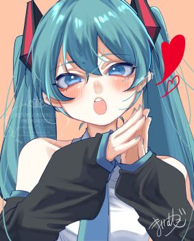 1girl black_sleeves blue_eyes blue_hair blue_nails blue_necktie blush collarbone collared_shirt commentary_request detached_sleeves fingernails hair_between_eyes hair_ornament hatsune_miku heart heart_hands highres long_hair long_sleeves looking_at_viewer mai_mugi nail_polish necktie open_mouth pink_background shirt sleeveless sleeveless_shirt smile solo twintails twitter_username upper_body very_long_hair vocaloid watermark white_shirt
