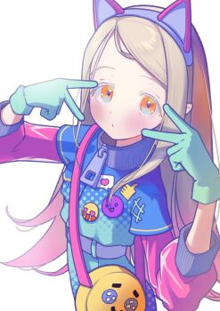 1girl animal_ear_hairband animal_ears aqua_gloves badge bag belt blonde_hair blue_jacket blue_shorts blush button_badge cat_ear_hairband cat_ears closed_mouth commentary_request cowboy_shot double_v emoji fake_animal_ears flipped_hair from_side gakuen_idolmaster gloves gradient_clothes gradient_hair gradient_jacket gradient_shorts grey_belt hairband hands_up highres idolmaster jacket layered_sleeves lily-an long_hair long_sleeves looking_at_viewer miracle_na_now!_(idolmaster) multicolored_hair multicolored_jacket multicolored_shorts orange_eyes parted_bangs pink_hair pink_jacket shinosawa_hiro short_over_long_sleeves short_sleeves shorts shoulder_bag simple_background solo thumbs_up_emoji v v_over_eye white_background yellow_bag zipper