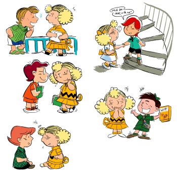 1girl 5boys blonde_hair brown_hair charles_schulz_(style) charlie_brown dress dubu274611 freckles genderswap genderswap_(ftm) genderswap_(mtf) glasses hetero highres holding_hands little_red_haired_girl marcie_(peanuts) multiple_boys peanuts_(comic) peggy_jean_(peanuts) peppermint_patty red_hair shirt short_hair shorts slippers stairs striped_clothes striped_shirt twintails vertical-striped_clothes vertical-striped_shirt yellow_dress