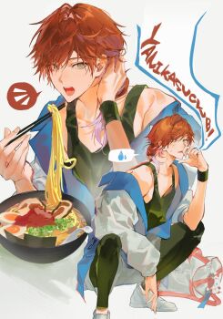 1boy alternate_costume black_pants black_tank_top chopsticks cigarette colored_speech_bubble eating food hashtag-only_commentary highres holding holding_chopsticks holding_cigarette image_in_speech_bubble jacket lauren_iroas long_hair male_focus multiple_views nijisanji noodles open_clothes open_jacket open_mouth pants ponytail r9ckst6r ramen red_hair shoes side_ponytail simple_background smoking speech_bubble squatting tank_top virtual_youtuber white_background white_shoes wristband