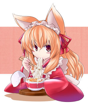 aburaage animal_ears blush blush_stickers bowl chopsticks cum cum_in_mouth cum_on_body cum_on_food instant_cup_noodles dress eating facial food fox_ears hair_ribbon headdress highres instant_cup_noodles instant_noodles kitsune_udon kobayashi_tetsuya long_hair looking_at_viewer maruchan_akai_kitsune_udon noodles orange_hair original red_dress red_eyes ribbon simple_background solo solo_focus udon