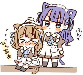 &gt;_&lt; 2girls apron ascot black_socks blue_ascot blush brown_dress chibi chibi_only closed_mouth clothes_grab collared_dress commentary_request contrast_collar crying d: dollchestra dress dx flying_sweatdrops frilled_apron frills full_body juliet_sleeves kachimachi_kosuzu kneehighs lifting_person link!_like!_love_live! long_sleeves looking_at_another love_live! maid maid_apron maid_headdress medium_dress momo_nosabu multiple_girls murano_sayaka nyan_nyan_nyan_fair_in_gamers official_alternate_costume open_mouth puffy_sleeves scruffing socks v-shaped_eyebrows virtual_youtuber white_apron