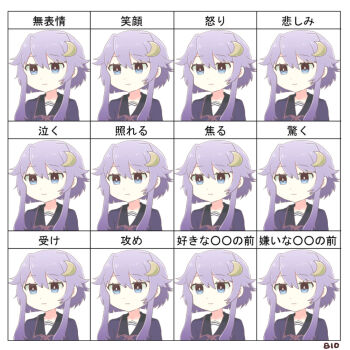 1girl 810_(dadmiral) :| artist_name bad_id bad_pixiv_id blue_eyes chart closed_mouth crescent crescent_hair_ornament expression_chart multiple_expressions hair_between_eyes hair_ornament kantai_collection multiple_views neck_ribbon purple_hair ribbon sailor_collar school_uniform serafuku short_hair_with_long_locks translated upper_body yayoi_(kancolle)
