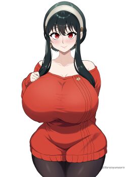 Rule 34 | 1girl, absurdres, black hair, black pantyhose, blush, breasts, cleavage, closed mouth, harutoyumaarts, highres, large breasts, looking at viewer, pantyhose, red eyes, red sweater, short hair, short hair with long locks, sidelocks, smile, solo, spy x family, sweater, white background, yor briar