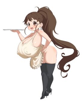 1girl absurdres apron black_shoes black_thighhighs blush breasts brown_eyes brown_hair covered_erect_nipples elomil full_body gigantic_breasts hand_on_own_hip high_heels highres holding holding_tray long_hair naked_apron open_mouth oppai_loli ponytail shoes simple_background smile solo standing taneshima_popura thighhighs tray very_long_hair white_apron white_background working!!