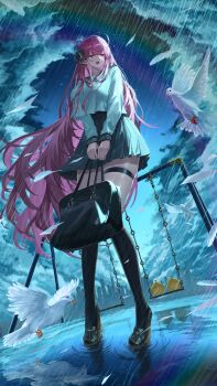 1girl absurdres alternate_costume azur_lane bag bird black_bag black_horns black_serafuku black_thighhighs boots breasts curled_horns demon_girl demon_horns dove falling_feathers feathers highres hindenburg_(azur_lane) horns long_hair manjuu_(azur_lane) neckerchief nick_laojiao night night_sky original outdoors overcast platform_boots platform_heels pleated_skirt pointy_ears puddle rain red_eyes red_hair sailor_collar school_bag school_uniform serafuku skirt sky skyline solo star_(sky) starry_sky swing_set thigh_strap thighhighs very_long_hair white_bird