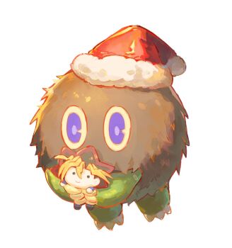 brown_fur character_doll commentary_request doll duel_monster full_body hat holding holding_doll korean_commentary kuriboh muto_yugi no_humans purple_eyes red_hat santa_hat solo y_oooooooooooh yu-gi-oh! yu-gi-oh!_duel_monsters