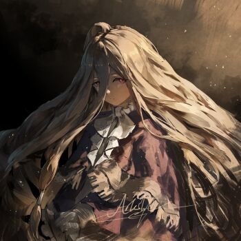 Rule 34 | 1girl, absurdly long hair, ahoge, arkilide, blue capelet, brown eyes, brown hair, capelet, closed mouth, commentary, english commentary, hair between eyes, highres, long hair, looking at viewer, sense (sousou no frieren), signature, sousou no frieren, very long hair