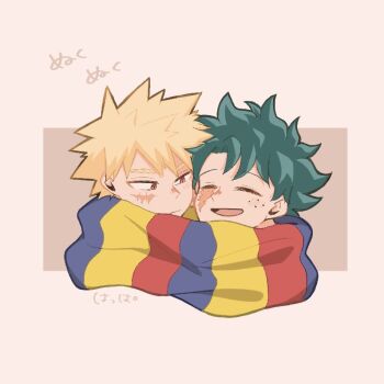 Rule 34 | 2boys, bakugou katsuki, blonde hair, boku no hero academia, closed eyes, closed mouth, commentary request, cropped shoulders, facial scar, freckles, green hair, happa 12, male focus, midoriya izuku, multicolored scarf, multiple boys, open mouth, red eyes, scar, scar on cheek, scar on face, scarf, shared clothes, shared scarf, short hair, smile, translation request