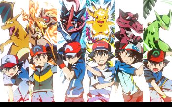 1boy :d alternate_costume arm_up ash-greninja ash_ketchum bad_id bad_pixiv_id baseball_cap black_hair brown_eyes charizard clenched_teeth column_lineup crossed_arms fire flame-tipped_tail gen_1_pokemon gen_3_pokemon gen_4_pokemon gen_5_pokemon gen_6_pokemon greninja grin hat infernape krookodile looking_at_viewer male_focus matsu-jun multiple_persona nintendo open_mouth pikachu pokemon pokemon_(anime) pokemon_(classic_anime) pokemon_(creature) pokemon_bw pokemon_bw_(anime) pokemon_dppt pokemon_dppt_(anime) pokemon_rgby pokemon_rse pokemon_rse_(anime) pokemon_sm pokemon_sm_(anime) pokemon_xy pokemon_xy_(anime) satoshi-greninja sceptile short_hair smile split_screen tail teeth time_paradox