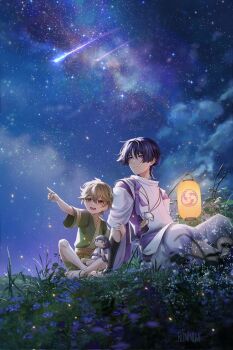 Rule 34 | 2boys, arm up, barefoot, blue eyes, blue sky, bow, brown eyes, brown hair, closed mouth, cloud, cloudy sky, commentary, detached sleeves, doll, english commentary, falling star, genshin impact, gradient sky, grass, green shirt, green shorts, grey pants, grey vest, hair between eyes, hands up, highres, lamp, light, light brown hair, looking to the side, looking up, mandarin collar, multiple boys, night, no headwear, open mouth, outdoors, pants, pointing, pom pom (clothes), purple bow, purple hair, purple skirt, purple sky, roninewt, scaramouche (genshin impact), scaramouche (kabukimono) (genshin impact), shirt, short sleeves, shorts, sitting, skirt, sky, smile, star (sky), starry sky, t-shirt, teeth, tongue, vest, wide sleeves