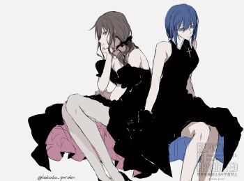 2girls artist_name bare_shoulders black_dress blue_eyes blue_hair brown_eyes brown_hair ciel_(tsukihime) cross cross_necklace dress hakaba_garden high-low_dress highres jewelry latin_text looking_at_viewer looking_to_the_side medium_hair multiple_girls necklace noel_(tsukihime) profile short_hair sideways_glance simple_background sketch tsukihime tsukihime_(remake) twitter_username white_background