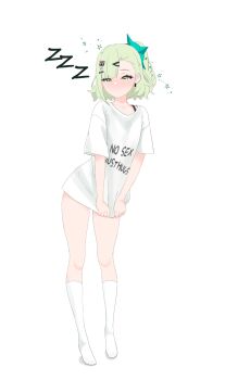 Rule 34 | 1girl, ann seal, clothes writing, english text, full body, green eyes, green hair, hair ornament, hairclip, highres, no shoes, shirt, shirt tug, simple background, socks, solo, standing, sunna (zenless zone zero), t-shirt, white background, white shirt, white socks, zenless zone zero