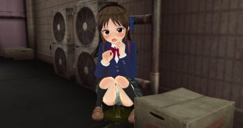 1girl 3d air_conditioner alley backpack bag black_socks blue_jacket blush bow bowtie box brown_eyes brown_hair brown_shoes cardboard_box embarrassed grey_skirt hair_bow idolmaster idolmaster_cinderella_girls industrial_pipe jacket kneehighs long_hair long_sleeves looking_at_viewer open_mouth panties peeing peeing_self polka_dot polka_dot_panties ponytail red_bow red_bowtie school_uniform shirt shoes sinimamo02 skirt socks squatting tachibana_arisu underwear wet wet_clothes wet_panties white_panties white_shirt