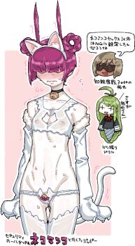 Rule 34 | 1boy, 2girls, ahoge, animal ears, animal hands, bell, black choker, blunt bangs, blush, bra, cat ears, cat lingerie, cat tail, chatgpt-tan, choker, closed eyes, closed mouth, covered erect nipples, cowboy shot, elbow gloves, fake animal ears, fake tail, frown, gloves, hair rings, jingle bell, lowleg, lowleg panties, man (man-room), manatsu no yo no inmu, multiple girls, navel, neck bell, open mouth, original, panties, paw gloves, purple hair, short hair, smile, solo focus, sunglasses, tail, takuya (acceed), thighhighs, tone sphere, translation request, trin (tone sphere), underwear, v-shaped eyebrows, white bra, white gloves, white panties, white thighhighs