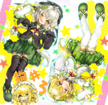 Rule 34 | animal ears, black shirt, black thighhighs, blonde hair, blush, bow, bowtie, braid, braided ponytail, cellphone, chibi, chibi inset, collared shirt, commentary request, dog ears, dog girl, dog tail, full body, green eyes, green shoes, green skirt, grey hair, grin, hair bow, hat, holding, holding phone, long hair, long sleeves, looking at viewer, miniskirt, misaki (kyal 001), navel, one eye closed, open mouth, original, phone, pixiv's virtual youtuber audition, pleated skirt, red bow, red bowtie, rotational symmetry, shirt, shoes, single braid, skirt, smartphone, smile, star (symbol), star symbol background, tail, thighhighs, virtual youtuber, white background, white hat, white shirt, white thighhighs