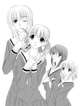 00s 4girls arm_grab bad_anatomy blush fukuzawa_yumi glasses greyscale hair_ribbon hands_on_own_chest height_difference long_hair looking_at_another maria-sama_ga_miteru milk-candy monochrome mouth_hold multiple_girls naitou_shouko poorly_drawn ribbon satou_sei school_uniform serafuku short_hair shouko simple_background smile takeshima_tsutako twintails untying