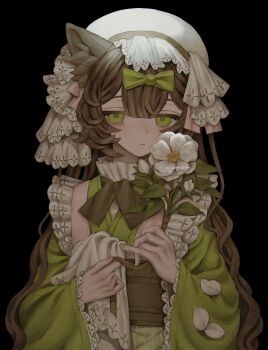 Rule 34 | 1girl, 5masi o, absurdres, animal ear fluff, animal ears, black background, bow, brown hair, commission, flower, green bow, green eyes, green kimono, hat, highres, holding, holding flower, japanese clothes, kimono, lolita fashion, long hair, original, petals, sash, simple background, solo, twitter username, wa lolita, wavy hair, white flower, white hat, wide sleeves