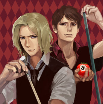 00s 2boys argyle_background argyle_clothes axis_powers_hetalia ball billiard_ball billiards blonde_hair brown_hair cue_stick france_(hetalia) holding holding_cue_stick kaiseki male_focus multiple_boys power realistic red_background short_hair spain_(hetalia) tomato upper_body