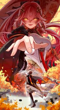 1girl absurdres black_jacket black_shoes board_game braid breasts changli_(wuthering_waves) closed_mouth colored_extremities commentary detached_hair dress feather_hair fingernails go_(board_game) hair_between_eyes hair_extensions hair_ornament high_heels highres holding holding_umbrella jacket jiangchuan_hong large_breasts looking_at_viewer looking_to_the_side multicolored_hair multiple_views oil-paper_umbrella orange_eyes pink_hair red_hands revision ring_hair_extensions shoes smile turning_head two-tone_hair umbrella white_dress white_hair wuthering_waves