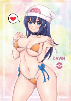 1girl beanie bikini bikini_pull blue_eyes blue_hair breasts character_name clothes_pull collarbone curvy dawn_(pokemon) hat heart large_breasts long_hair looking_at_viewer misune_art navel nintendo orange_bikini poke_ball_symbol pokemon pokemon_dppt pulling_own_clothes shiny_skin smile speech_bubble spoken_heart swimsuit teasing thong thong_bikini wide_hips