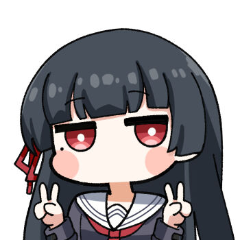 Rule 34 | 1girl, black hair, black shirt, bright pupils, chibi, chibi only, chisa (wuthering waves), commentary, double v, hair ribbon, hands up, long hair, looking at viewer, mole, mole under eye, no mouth, red eyes, red ribbon, ribbon, sailor collar, shirt, simple background, solo, sticker (medium), symbol-only commentary, twomoon, v, white background, white pupils, white sailor collar, wuthering waves