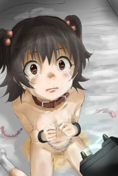 1girl akagi_miria anal_beads bdsm bed_sheet black_hair blush bondage bound bound_wrists brown_eyes censored chain collar collarbone controller crying crying_with_eyes_open cuffs egg_vibrator electricity eyebrows female_focus flat_chest groin hair_bobbles hair_ornament handcuffs idolmaster idolmaster_cinderella_girls indoors leash loli looking_up mosaic_censoring navel nipples no_shoes nude on_bed open_mouth peeing pussy remote_control remote_control_vibrator scared sex_toy sincos sitting socks solo spread_legs stun_gun tears two_side_up vibrator wariza wavy_mouth white_socks