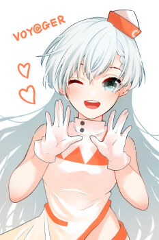 1girl ;d absurdres asymmetrical_bangs blush braid braided_bangs dress garrison_cap gloves hat heart highres hisakawa_hayate idolmaster idolmaster_cinderella_girls idolmaster_cinderella_girls_starlight_stage long_hair looking_at_viewer mini_hat one_eye_closed open_mouth round_teeth sakura_ebi simple_background sleeveless sleeveless_dress smile solo straight_hair teeth two-tone_dress very_long_hair voy@ger_(idolmaster) white_background white_gloves white_hair