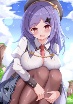 1girl :d black_hat black_pantyhose blue_skirt blue_sky blush breast_press breasts cape cliff cloud collared_shirt commentary_request hat highres iris_(stella_sora) large_breasts long_hair looking_at_viewer open_mouth outdoors pantyhose purple_cape purple_hair red_eyes shirt sidelocks skirt sky smile solo squatting stella_sora white_shirt xenon_(for_achieve)