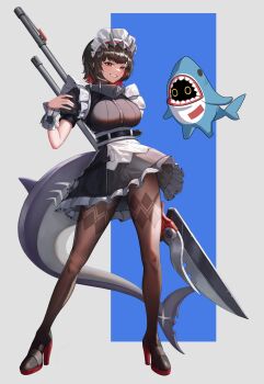 1girl 1other absurdres bangboo_(zenless_zone_zero) belt black_dress black_hair black_shoes blue_background breasts brown_pantyhose colored_inner_hair dress ellen_joe fins fish_tail frilled_wristband full_body grey_background grin hairband hashtag-only_commentary highres holding holding_weapon legs_apart looking_at_viewer maid maid_headdress medium_breasts metal_hairband mole mole_under_eye multicolored_hair pantyhose patterned_legwear razor_blade_hair_ornament red_eyes red_nails scar scar_on_tail shark_girl shark_tail sharkboo_(zenless_zone_zero) shoes short_hair smile spiked_headband standing tail two-tone_background user_srxz3837 weapon zenless_zone_zero