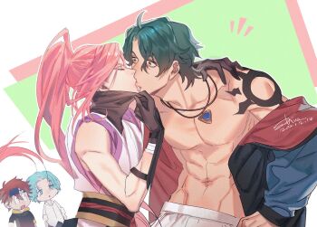 4boys abs ahoge arm_around_shoulder black_gloves blue_eyes blue_hair cherry_blossom_(sk8) chibi collarbone closed_eyes gloves hand_up headband highres jacket jewelry joe_(sk8) kiss kyan_reki hasegawa_langa long_hair male_focus messy_hair multiple_boys muscular muscular_male necklace open_clothes open_shirt pink_hair ponytail red_hair shinemoe shirt short_hair shoulder_tattoo simple_background sk8_the_infinity standing surprised tattoo white_shirt wide-eyed yaoi