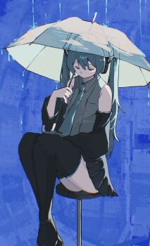 1girl aqua_hair aqua_necktie black_boots black_skirt black_sleeves blue_background boots closed_eyes collared_shirt commentary_request detached_sleeves grey_shirt hatsune_miku highres hinane_1206 holding holding_umbrella legs_up long_hair necktie on_stool pleated_skirt rain shirt simple_background sitting skirt solo thigh_boots twintails umbrella vocaloid