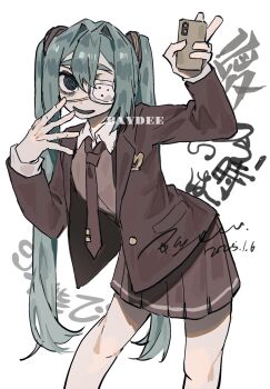 1girl @_@ aqua_hair bags_under_eyes baydee black_eyes blue_eyes brown_jacket brown_necktie brown_skirt brown_vest cellphone collared_shirt eyepatch hair_between_eyes hair_intakes hands_up hatsune_miku highres holding holding_phone jacket leaning_forward long_hair long_sleeves looking_at_viewer medical_eyepatch monitoring_(vocaloid) necktie open_clothes open_jacket open_mouth phone pleated_skirt procreate_(medium) school_uniform shirt simple_background skirt smartphone smile solo standing twintails very_long_hair vest vocaloid white_background white_shirt