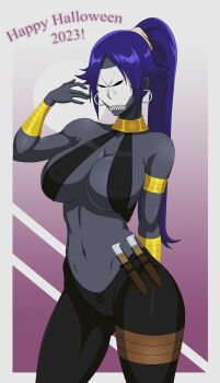 1girl 2023 absurdres armlet assassin_(fate/zero) assassin_(fate/zero)_(cosplay) bleach bracelet breasts cameltoe cleavage cosplay costume dark-skinned_female dark_skin earrings english_text fate/grand_order fate_(series) female_assassin_(fate/zero) female_assassin_(fate/zero)_(cosplay) female_focus halloween halloween_costume happy_halloween highres holding holding_mask hoop_earrings jewelry knife large_breasts long_hair mask navel parted_lips ponytail purple_hair reilchi sheath sheathed shihouin_yoruichi smile solo standing stomach thick_thighs thighs variant_set yellow_eyes