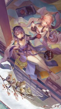 2girls animal_ear_piercing animal_ears anklet armor artist_request asymmetrical_sleeves bad_id bad_pixiv_id bird bird_on_hand blunt_bangs braid branch breasts bridal_gauntlets cleavage collarbone couple dango detached_sleeves food fox_ears fox_girl bad_tag from_above genshin_impact hair_between_eyes hair_ornament hair_over_shoulder hair_ribbon head_tilt headpiece highres holding indoors japanese_armor japanese_clothes jewelry kimono large_breasts leaning_to_the_side long_breast_curtain long_hair looking_up mole mole_under_eye multicolored_hair multiple_girls neck_ribbon off_shoulder on_floor open_mouth panties pink_hair pink_lips purple_eyes purple_hair purple_kimono purple_ribbon raiden_shogun red_ribbon red_sash ribbon sash shade shoulder_armor single_braid sitting snow thighs too_many too_many_birds underwear uneven_sleeves wagashi wide_sleeves yae_miko yuri