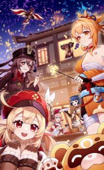 5girls 6+girls :d absurdres aerial_fireworks ahoge amber_(genshin_impact) aqua_eyes architecture arm_tattoo backpack bag bandaged_arm bandages black_gloves black_hair blonde_hair blue_eyes blue_hair blunt_bangs boots bracelet braid breasts brown_gloves brown_hair brown_scarf chest_tattoo chinese_clothes chinese_commentary choker cleavage clover_print coat commentary_request detached_sleeves east_asian_architecture fingerless_gloves fireworks flower-shaped_pupils genshin_impact gloves guoba_(genshin_impact) hadanugi_dousa hair_between_eyes hair_ornament hat hat_feather hat_ornament highres holding holding_fireworks homura2414 horns hu_tao_(genshin_impact) japanese_clothes jewelry kimono klee_(genshin_impact) knee_boots kneehighs long_hair long_sleeves looking_at_viewer low_ponytail low_twintails multiple_girls newsboy_cap night obi open_kimono open_mouth orange_eyes orange_hair pink_hair pointy_ears ponytail randoseru red_eyes rope sarashi sash scarf shimenawa short_hair sidelocks sky smile socks sparkler symbol-shaped_pupils tattoo twintails vision_(genshin_impact) xiangling_(genshin_impact) xinyan_(genshin_impact) yanfei_(genshin_impact) yellow_eyes yoimiya_(genshin_impact)