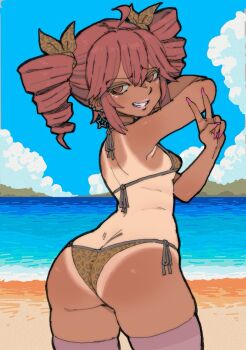1girl ass beach bikini breasts dark_skin drill_hair fingernails grin gyaru highres kasane_teto long_fingernails ocean pantsu-ripper pink_nails red_eyes red_hair sand simple_background small_breasts smile swimsuit tan thighhighs twin_drills