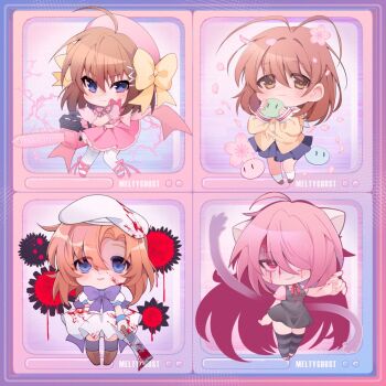 Rule 34 | 4girls, ahoge, animal ears, antenna hair, black dress, blood, blood on face, blue skirt, boots, bow, brown boots, brown eyes, brown hair, cardigan, cat ears, chainsaw, chibi, chibi only, clannad, commentary, crossover, dango, dango daikazoku, dress, ecchibeef, elfen lied, english commentary, flower, food, furukawa nagisa, haruna (korezom), hashitsuki nata, hat, higurashi no naku koro ni, hikarizaka private high school uniform, holding, holding chainsaw, holding weapon, kore wa zombie desu ka?, long hair, looking at viewer, lucy (elfen lied), magical girl, merchandise available, multiple girls, nata (tool), orange hair, pink dress, pink hair, pink hat, pink shoes, purple bow, purple eyes, red eyes, ryuuguu rena, school uniform, shoes, short hair, skirt, smile, television, thighhighs, variant set, very long hair, wagashi, weapon, white dress, white hat, white thighhighs, yellow bow, yellow cardigan