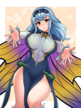 Rule 34 | 1girl, absurdres, alternate costume, blue hair, breasts, brown eyes, butterfly wings, fairy, fairy wings, fire emblem, fire emblem: three houses, fire emblem heroes, fire emblem warriors: three hopes, hayato stuff, highres, insect wings, large breasts, marianne von edmund, nintendo, official alternate hairstyle, shiny clothes, solo, wings