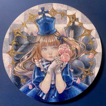 Rule 34 | 1girl, bishop (chess), blonde hair, blue dress, blue eyes, chess piece, commentary request, dress, flower, gloves, hair ribbon, hat, highres, holding, holding flower, king (chess), knight (chess), looking to the side, oil painting (medium), original, painting (medium), pawn (chess), petals, photo (medium), ribbon, ringodrawing, rook (chess), solo, traditional media