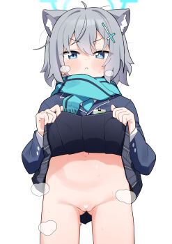 1girl :&lt; absurdres animal_ear_fluff animal_ears black_skirt blazer blue_archive blue_eyes blue_halo blue_jacket blue_necktie blue_scarf blush bright_pupils censored cleft_of_venus closed_mouth clothes_lift commentary_request cowboy_shot cross cross_hair_ornament extra_ears gluteal_fold grey_hair hair_ornament halo heart heart_censor highres inverted_cross jacket lifting_own_clothes loli long_sleeves looking_at_viewer miniskirt mismatched_pupils navel necktie pleated_skirt pussy scarf school_uniform shiroko_(blue_archive) shiroko_(young)_(blue_archive) simple_background skirt skirt_lift solo white_background white_pupils wolf_ears wolf_girl yonketa