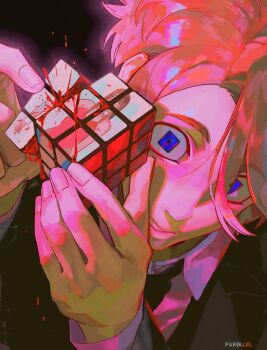 1boy 1girl artist_name black_background black_jacket black_necktie blood blue_eyes brown_hair clenched_teeth collared_shirt commentary dismemberment dress_shirt elliot_(par0llel) highres holding jacket leotard looking_at_viewer male_focus necktie original par0llel red_leotard rubik&#039;s_cube shirt symbol-only_commentary teeth white_shirt