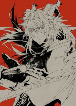 1boy armor bad_id bad_pixiv_id cape dragon_horns fate/grand_order fate_(series) horns long_hair male_focus misamisa21 monochrome scar siegfried_(fate) solo