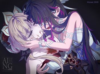 Rule 34 | 2girls, artist name, black hair, blood, brown hair, closed eyes, columbina (genshin impact), commentary, crying, dress, eye mask, genshin impact, hashtag-only commentary, highres, long hair, mask, multicolored hair, multiple girls, opaal 9026, purple hair, sandrone (genshin impact), two-tone hair, watermark, white dress