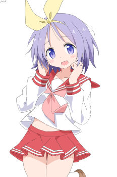 1girl abstract_background absurdres arms_up artist_name blush collarbone commentary_request covered_collarbone cropped_legs cynical_(llcbluckg_c004) hair_ribbon hands_up highres hiiragi_tsukasa jumping looking_at_viewer lucky_star midriff_peek navel navel_peek open_mouth pleated_skirt purple_eyes purple_hair red_sailor_collar red_skirt red_wrist_cuffs ribbon ryouou_school_uniform sailor_collar school_uniform serafuku signature simple_background skirt solo solo_focus thighs white_background wrist_cuffs