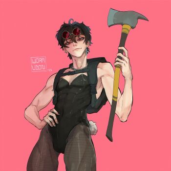 1boy ahoge armpits axe backpack bag bags_under_eyes black_hair black_leotard black_pantyhose chain chain_necklace cross cross_earrings double-parted_bangs earrings eyewear_on_head hair_between_eyes half-closed_eyes hand_on_own_hip highres holding holding_axe jewelry leotard looking_at_viewer male_focus muscular muscular_male necklace original pantyhose pectoral_cleavage pectorals rabbit_tail red-tinted_eyewear red_eyes short_hair smirk solo tail thighs tinted_eyewear wormudon