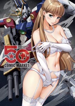 1girl beam_rifle blue_eyes blush bra braid breasts brown_hair buster_rifle closed_mouth comiket_107 commentary_request covering_crotch covering_privates cowboy_shot double_strap_slip earrings elbow_gloves energy_gun garter_belt gloves green_eyes gundam gundam_wing highres itachou jewelry large_breasts legs_together lingerie long_hair looking_at_viewer mecha mobile_suit navel necklace panties pearl_necklace relena_peacecraft robot space standing star_(sky) strap_slip thighhighs underwear v-fin very_long_hair weapon white_bra white_garter_belt white_gloves white_panties white_thighhighs wing_gundam_zero