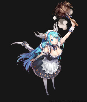 1girl absurdres apron back_bow black_background black_bow black_dress black_ribbon black_shoes blue_eyes blue_hair bow breasts cleavage detached_collar dragon_girl dragon_horns dragon_tail dress duster ezu_(leejiyu) feather_duster frilled_apron frills full_body hair_ornament hair_scrunchie highres horn_ornament horns king&#039;s_raid laias_(king&#039;s_raid) large_breasts long_hair maid maid_headdress mary_janes official_alternate_costume official_art petticoat pointy_ears ribbon scrunchie shoes solo tail tail_garter thighhighs twintails very_long_hair waist_apron white_apron white_horns white_tail white_thighhighs white_wrist_cuffs wrist_cuffs