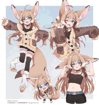 1girl :p absurdres ahoge animal_ear_fluff animal_ears animal_feet armpits arms_up belt black_camisole black_shorts black_thighhighs blue_eyes brown_coat brown_hair camisole chibi choker coat commission cyanean fang fennec_fox fluffen_(vtuber) fox fox_ears fox_girl fox_tail hand_on_own_ear highres indie_virtual_youtuber long_hair multiple_views nail_polish navel off_shoulder one_eye_closed open_mouth outstretched_arms paw_pose shorts sleeves_past_wrists smile socks socks_over_thighhighs strap_slip tail thighhighs tongue tongue_out virtual_youtuber white_socks